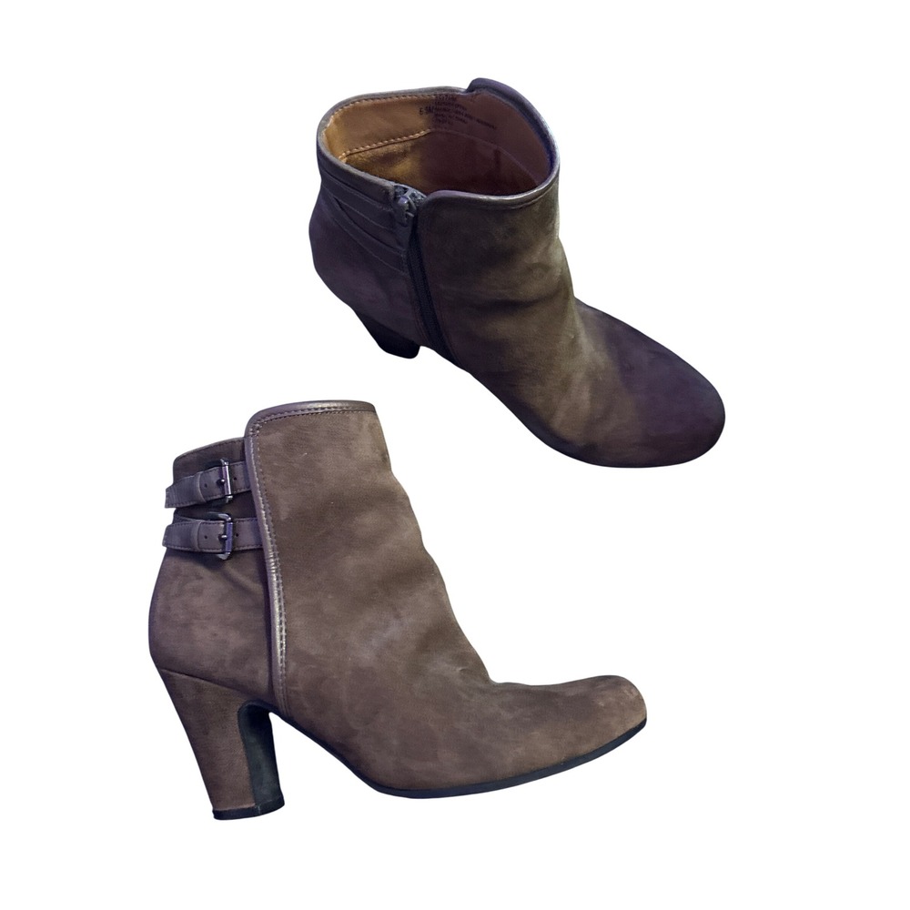 Sofft Brown Leather Double Buckle Ankle Boots Side Zip Block Heel Women's 6.5